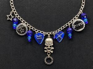 Hand Embellished Necklace Skull Adult Theme Guitar Pick Beads, Charm, Bottle Cap
